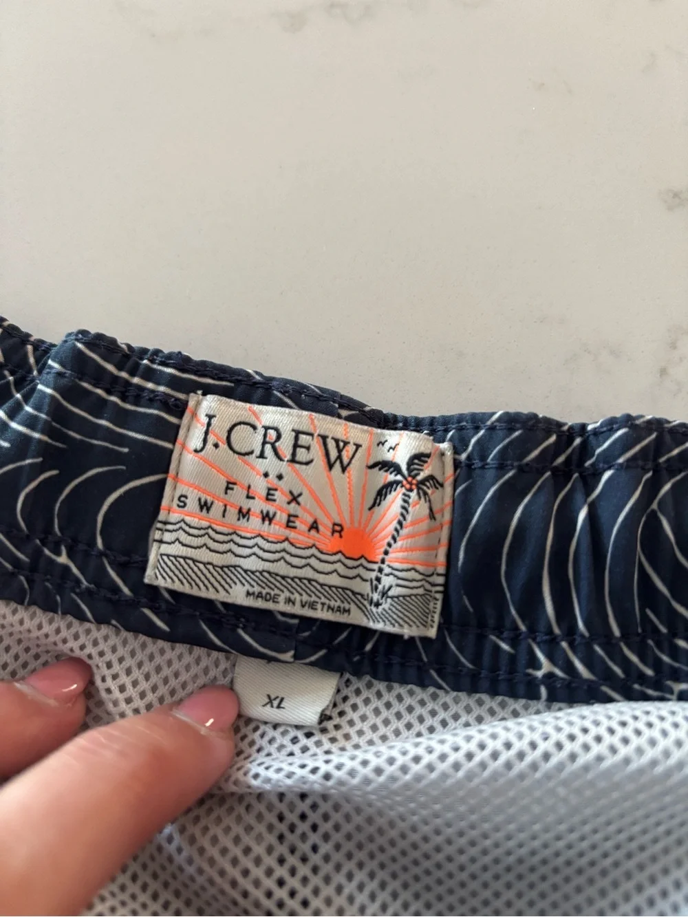 J. Crew Navy & White Patterned Swim Trunks with Coral Accent